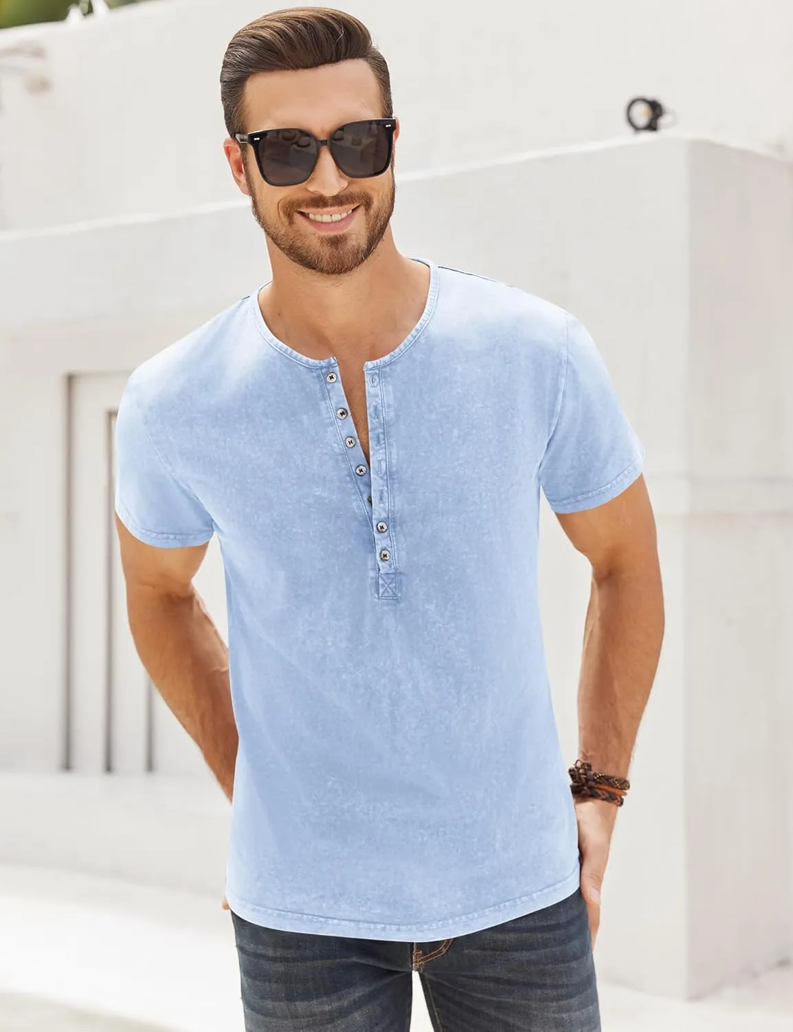 Mens Distressed Henley Shirts Retro Short Sleeve Tee Shirts Casual Button Down Washed T-Shirts for Men
