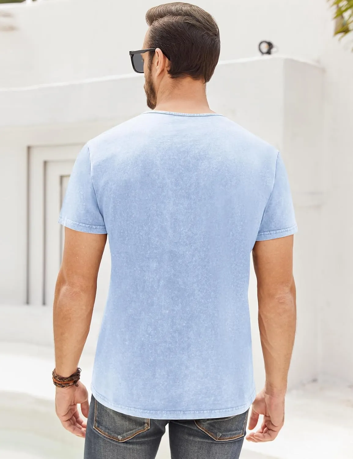 Mens Distressed Henley Shirts Retro Short Sleeve Tee Shirts Casual Button Down Washed T-Shirts for Men