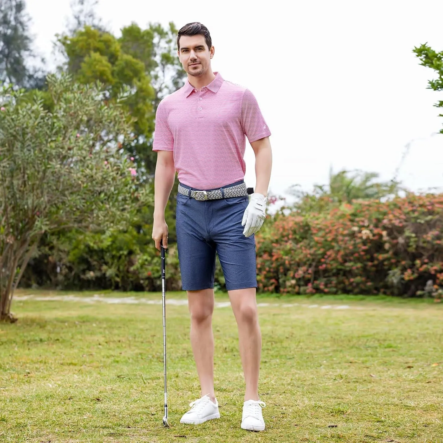 Mens Golf Shirt Moisture Wicking Dry Fit Performance Sport Short Sleeve Striped Golf Polo Shirts for Men