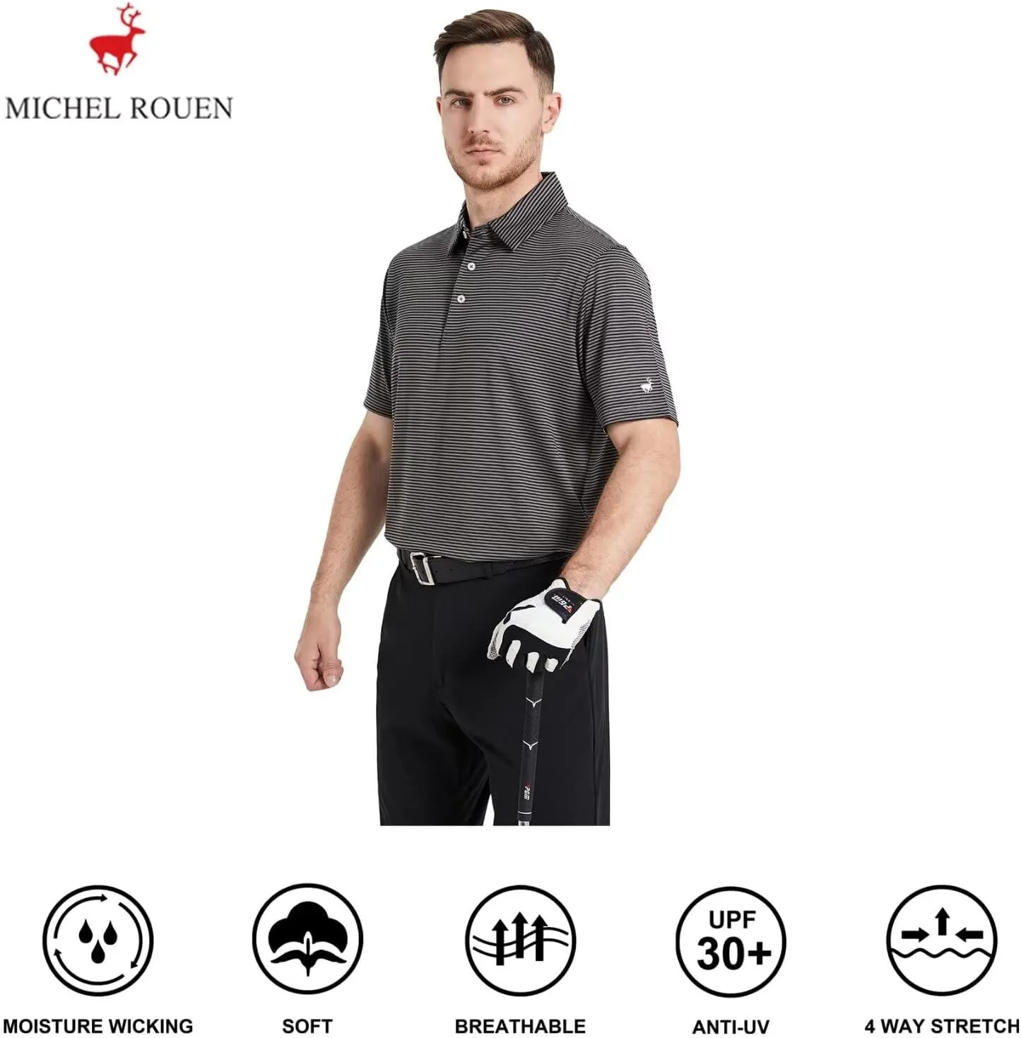 Mens Golf Shirt Moisture Wicking Dry Fit Performance Sport Short Sleeve Striped Golf Polo Shirts for Men