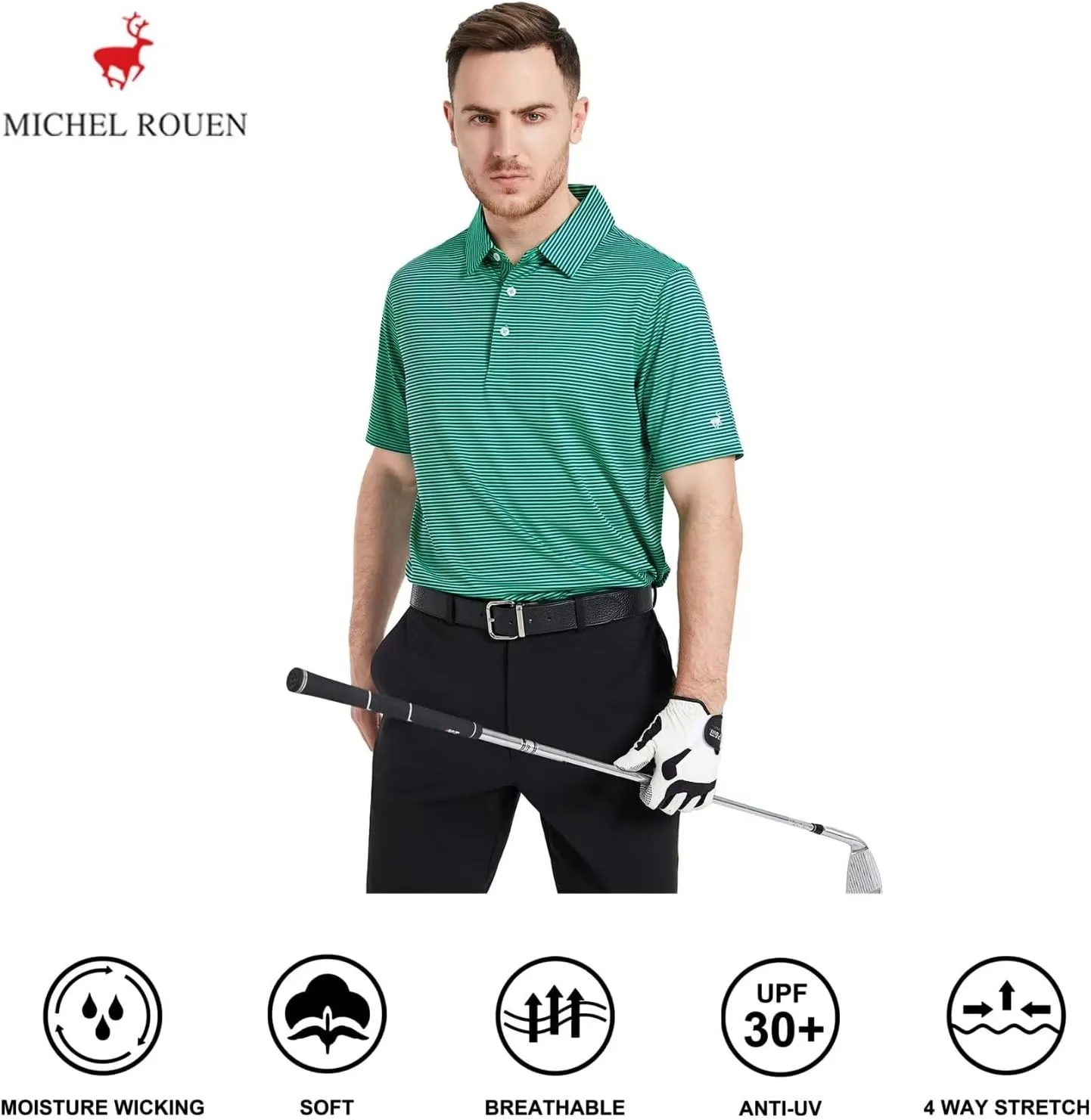 Mens Golf Shirt Moisture Wicking Dry Fit Performance Sport Short Sleeve Striped Golf Polo Shirts for Men