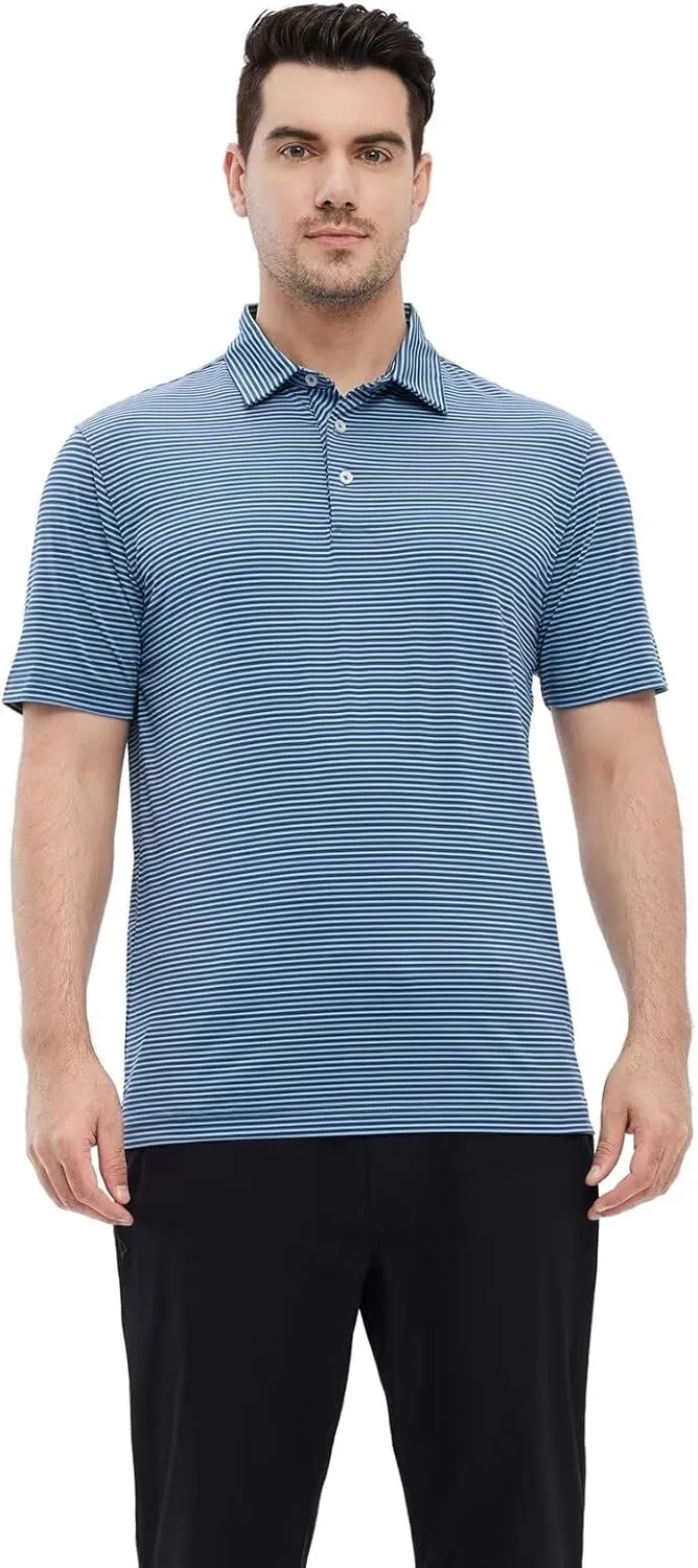 Mens Golf Shirt Moisture Wicking Dry Fit Performance Sport Short Sleeve Striped Golf Polo Shirts for Men