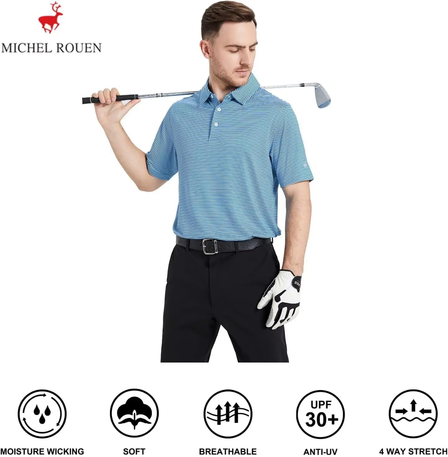 Mens Golf Shirt Moisture Wicking Dry Fit Performance Sport Short Sleeve Striped Golf Polo Shirts for Men
