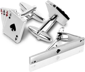 Men's Jack Playing Cards Exquisite Cufflink and Tie Clip Set for Mens in a Presentation Gift Box-Four Aces 4A Poker Cufflinks Set For Vegas Casino Night Event Wedding Business