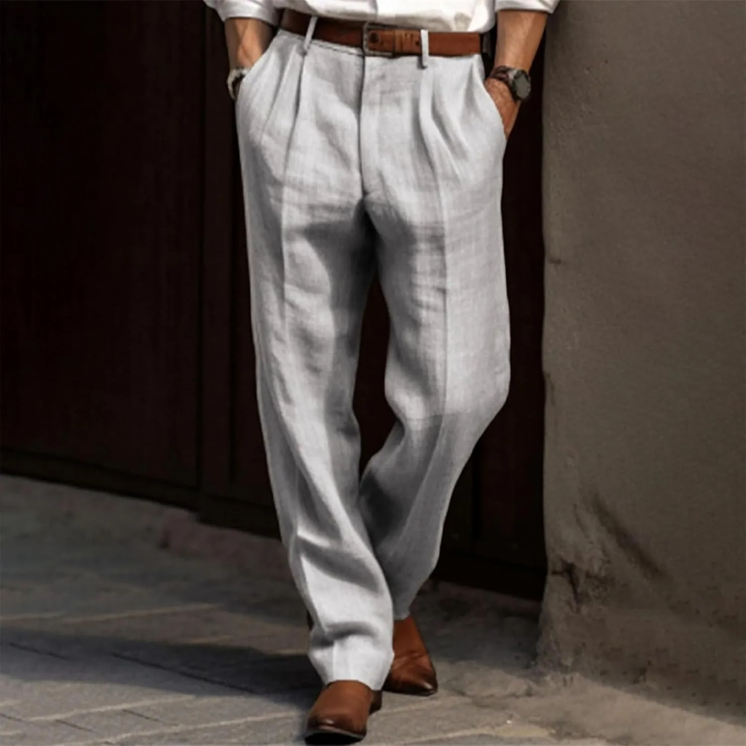 Men's Linen Pants Lightweight Straight Leg Pleated Leisure Trouser Relaxed Fit Casual Yoga Beach Work Dress Pant