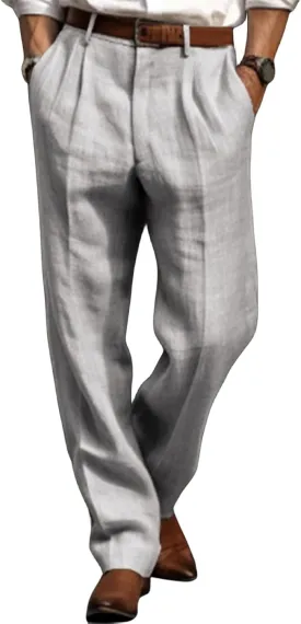 Men's Linen Pants Lightweight Straight Leg Pleated Leisure Trouser Relaxed Fit Casual Yoga Beach Work Dress Pant