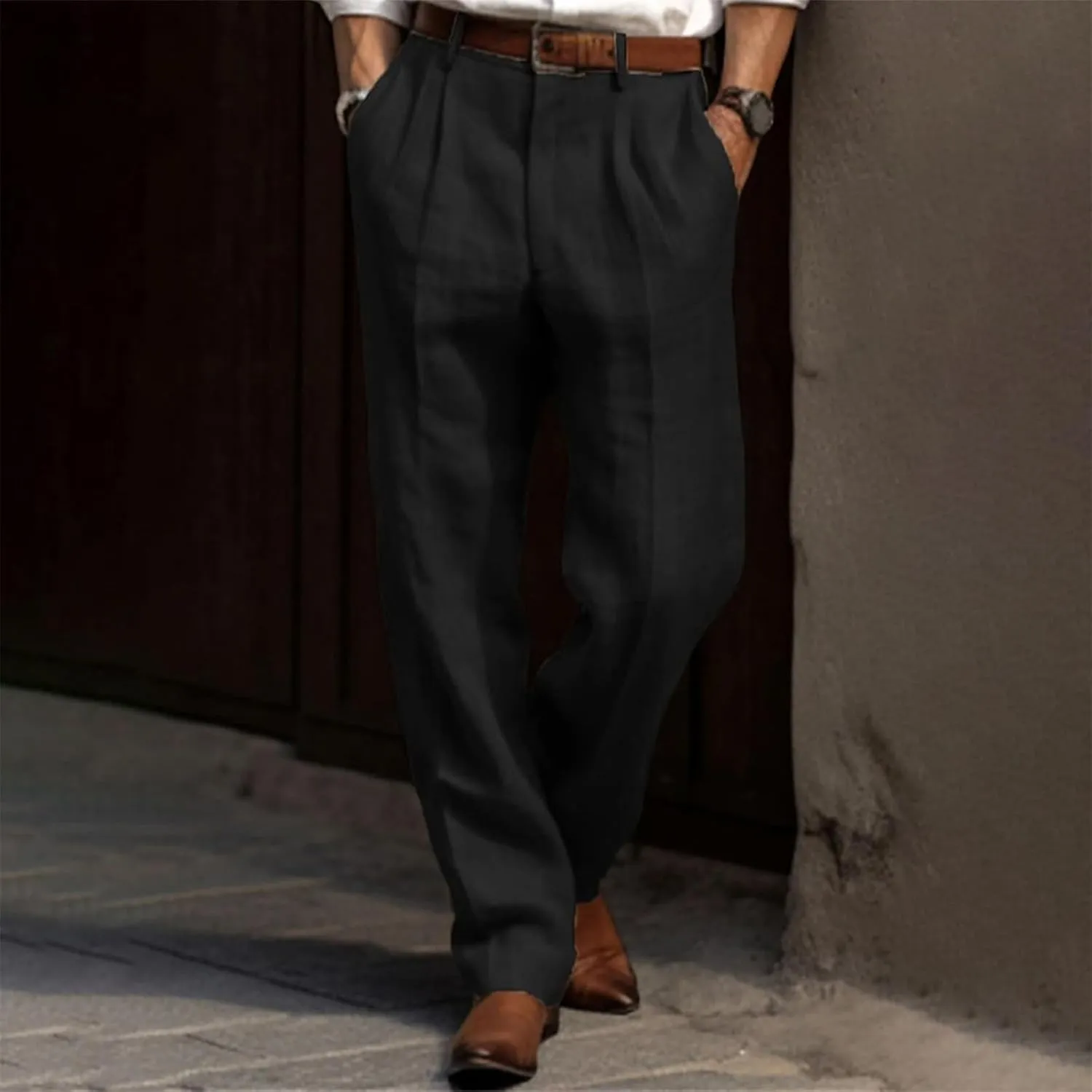 Men's Linen Pants Lightweight Straight Leg Pleated Leisure Trouser Relaxed Fit Casual Yoga Beach Work Dress Pant
