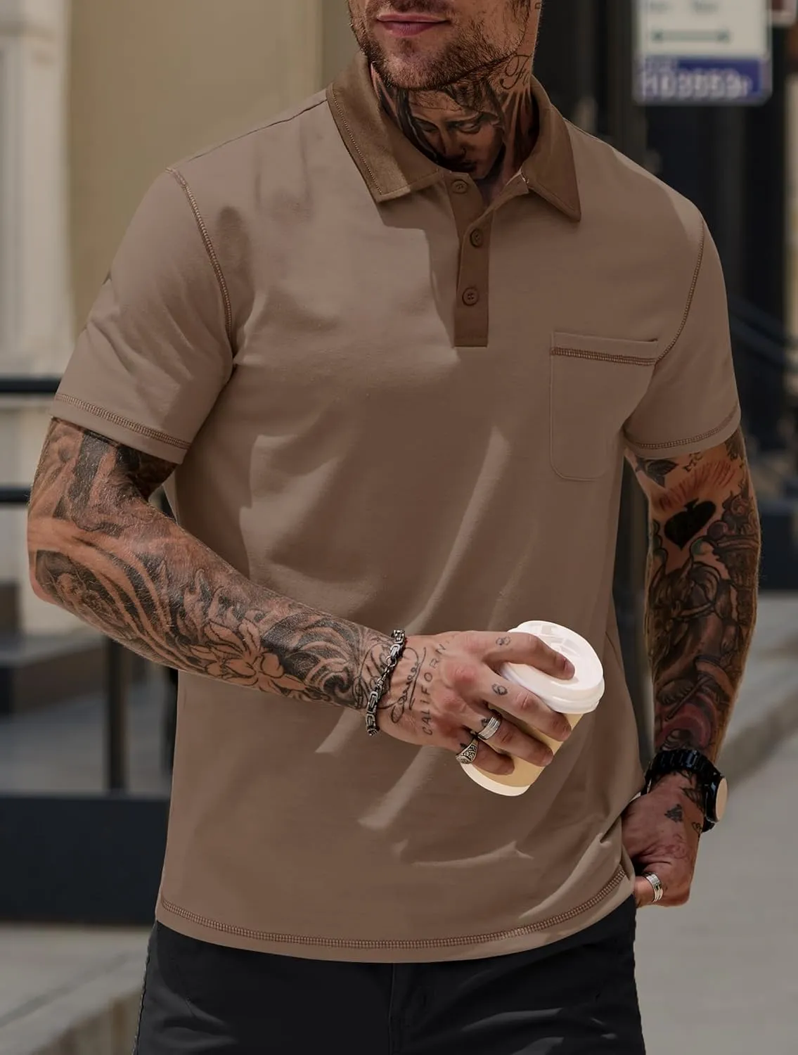 Mens Polo Shirts Casual Color Block Collar Short Sleeve Shirt with Pocket (S-XXL)