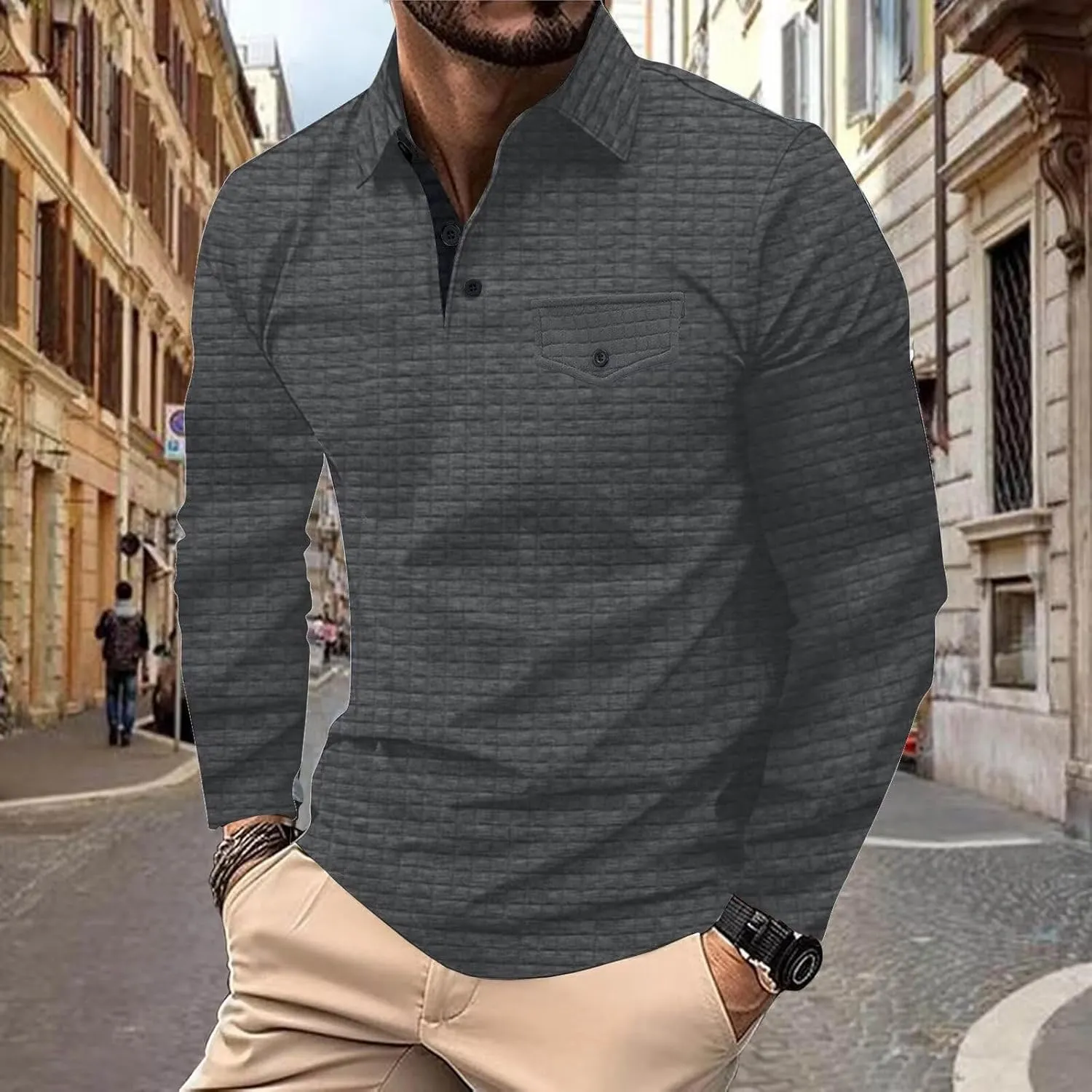 Men's Polo Shirts Long Sleeve 2024 Casual Polo T-Shirts Color Block Slim Fit Golf Polo Shirt with Pocket