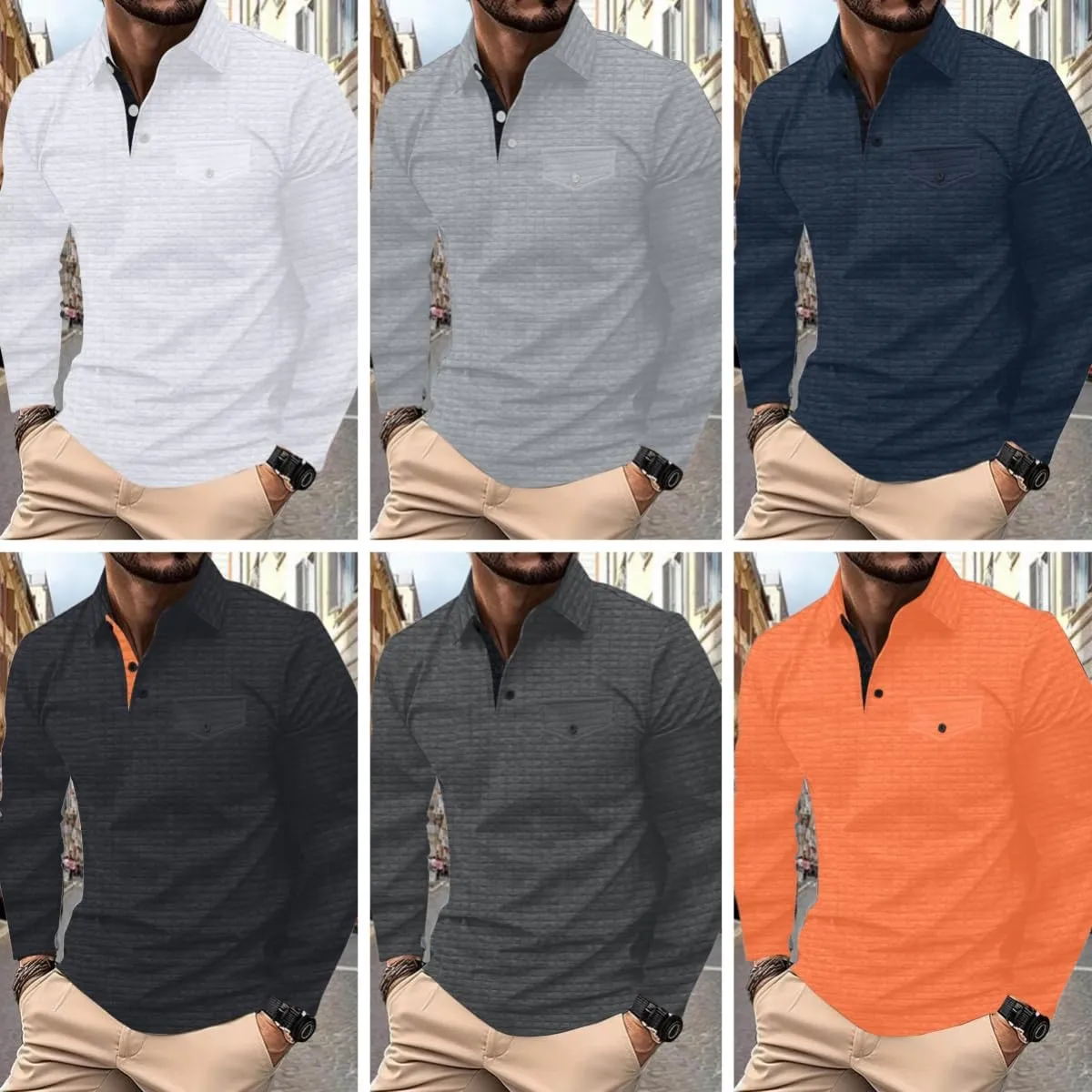 Men's Polo Shirts Long Sleeve 2024 Casual Polo T-Shirts Color Block Slim Fit Golf Polo Shirt with Pocket