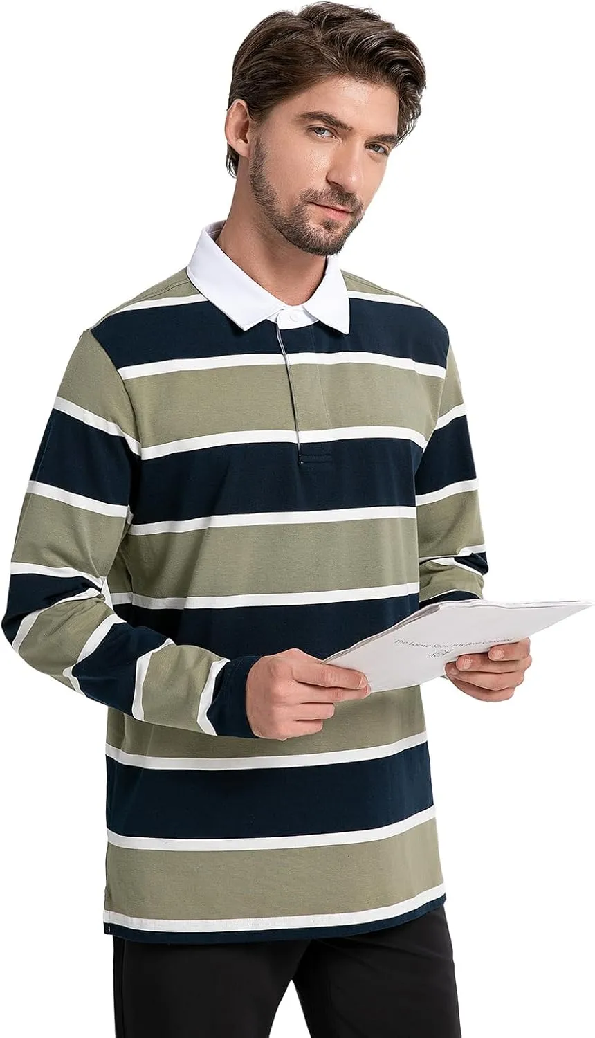 Mens Polo Shirts Striped Cotton Moisture Wicking Classic Collared Casual Golf Shirts for Men
