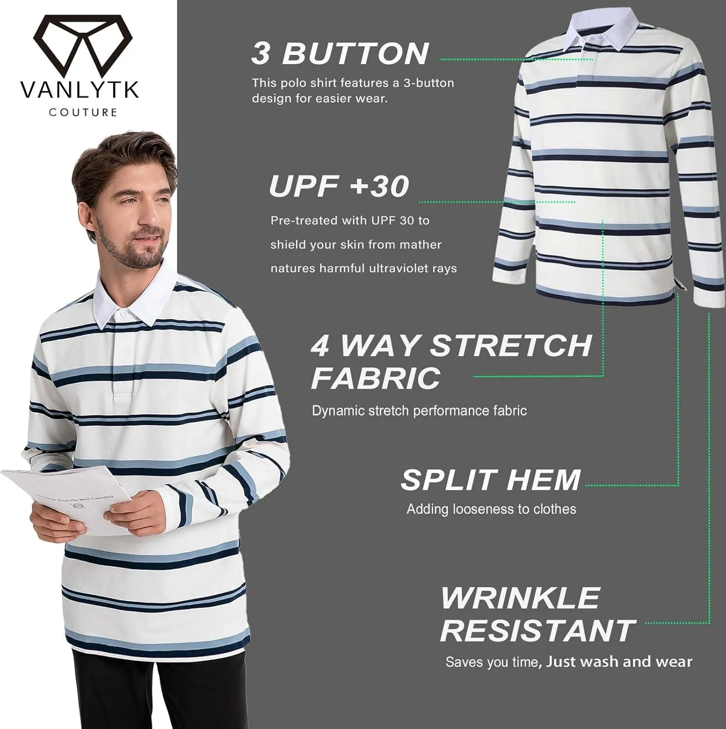 Mens Polo Shirts Striped Cotton Moisture Wicking Classic Collared Casual Golf Shirts for Men