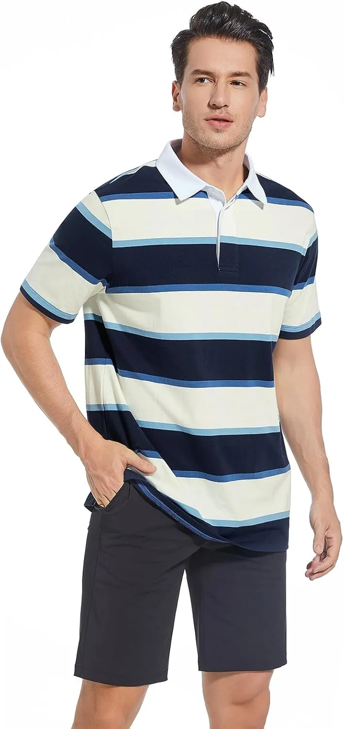 Mens Polo Shirts Striped Cotton Moisture Wicking Classic Collared Casual Golf Shirts for Men