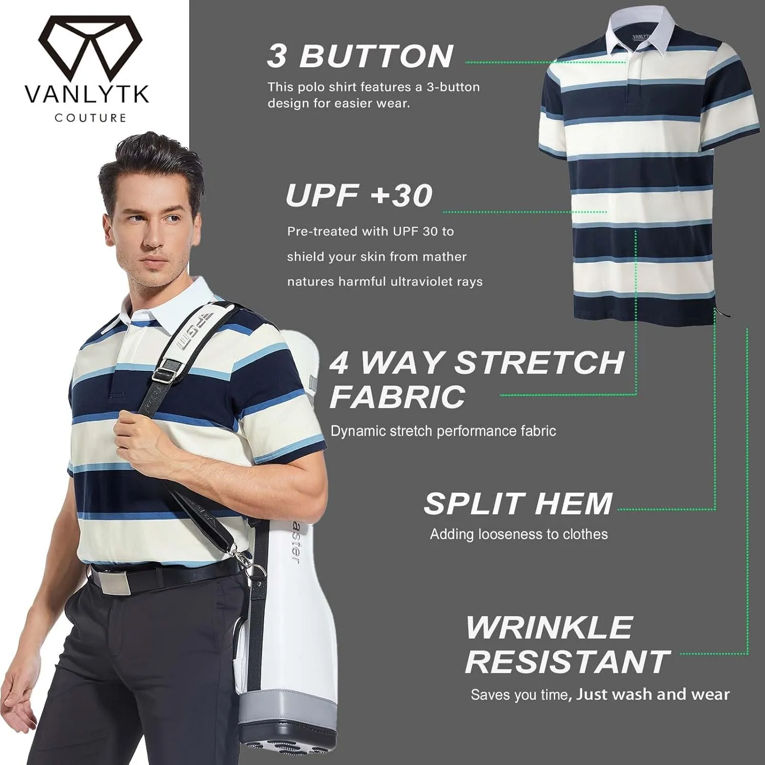 Mens Polo Shirts Striped Cotton Moisture Wicking Classic Collared Casual Golf Shirts for Men