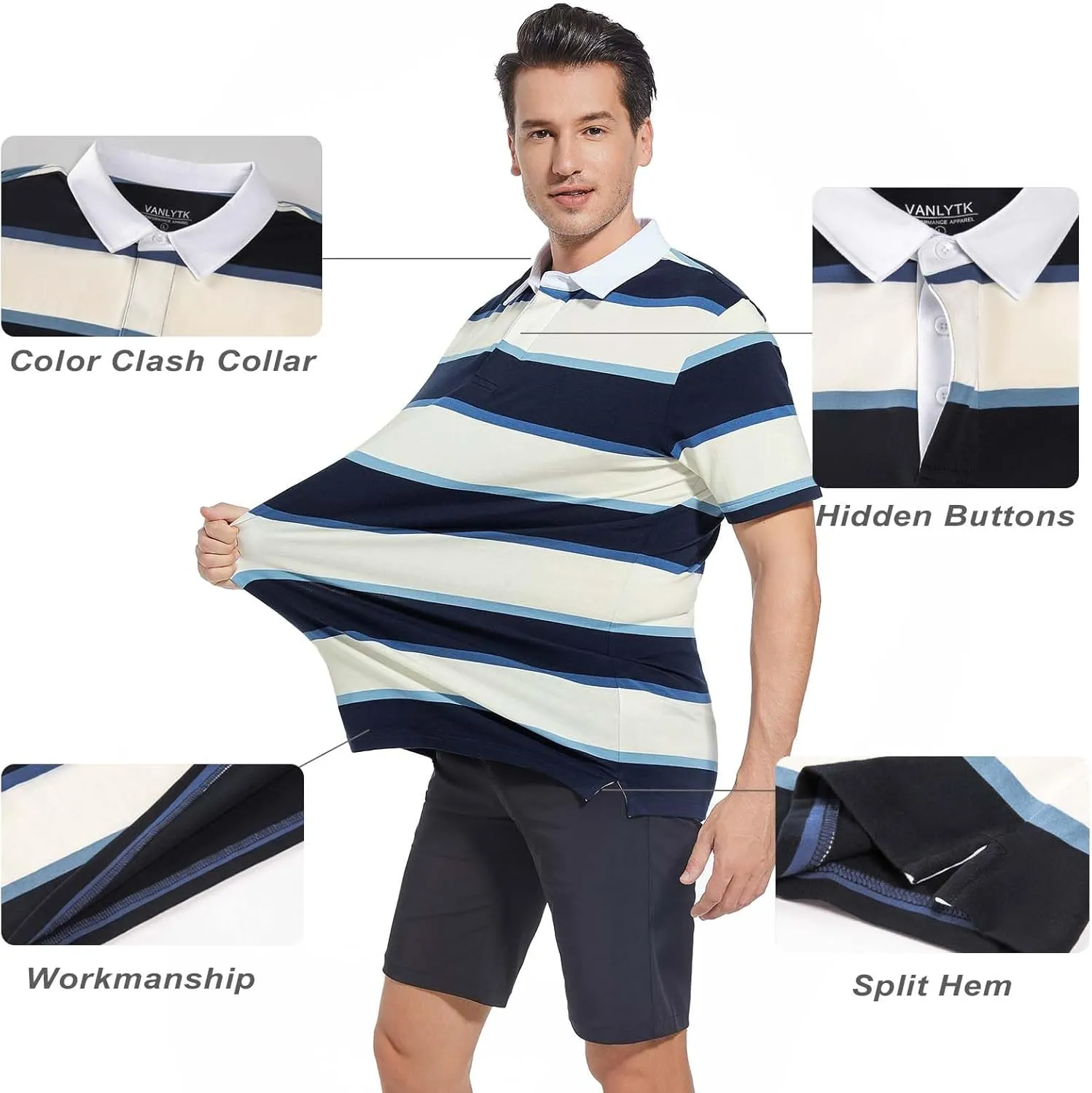 Mens Polo Shirts Striped Cotton Moisture Wicking Classic Collared Casual Golf Shirts for Men