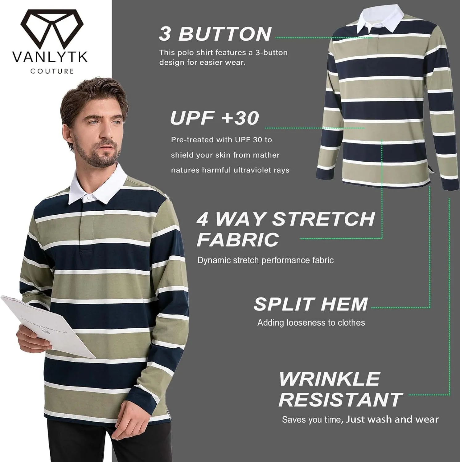 Mens Polo Shirts Striped Cotton Moisture Wicking Classic Collared Casual Golf Shirts for Men