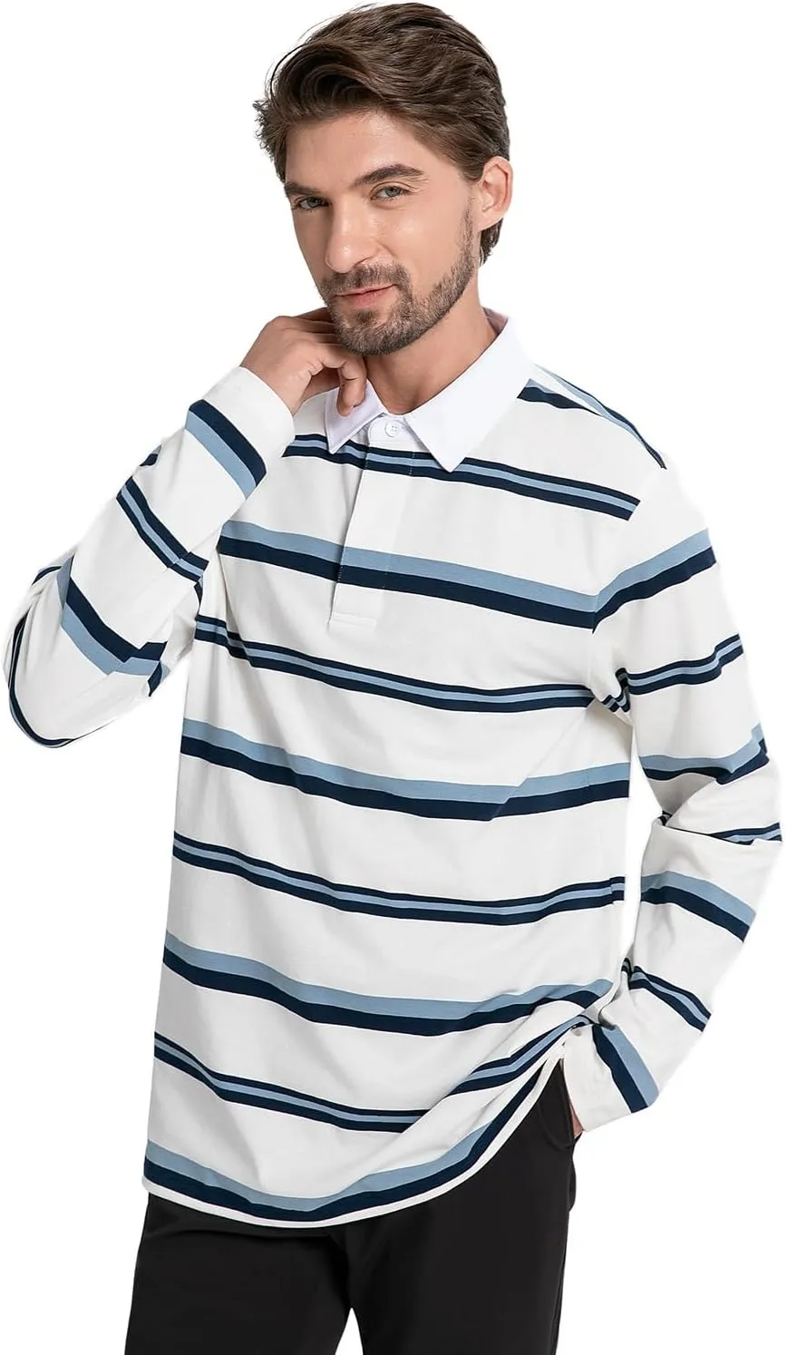 Mens Polo Shirts Striped Cotton Moisture Wicking Classic Collared Casual Golf Shirts for Men