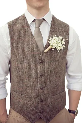 Mens Premium Wool Blend Tweed Herringbone Slim Fit Wedding Tuxedo Waistcoat Suits Vest