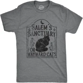 Mens Salems Sanctuary for Wayward Cats T Shirt Funny Spooky Halloween Kitten Lovers Tee for Guys