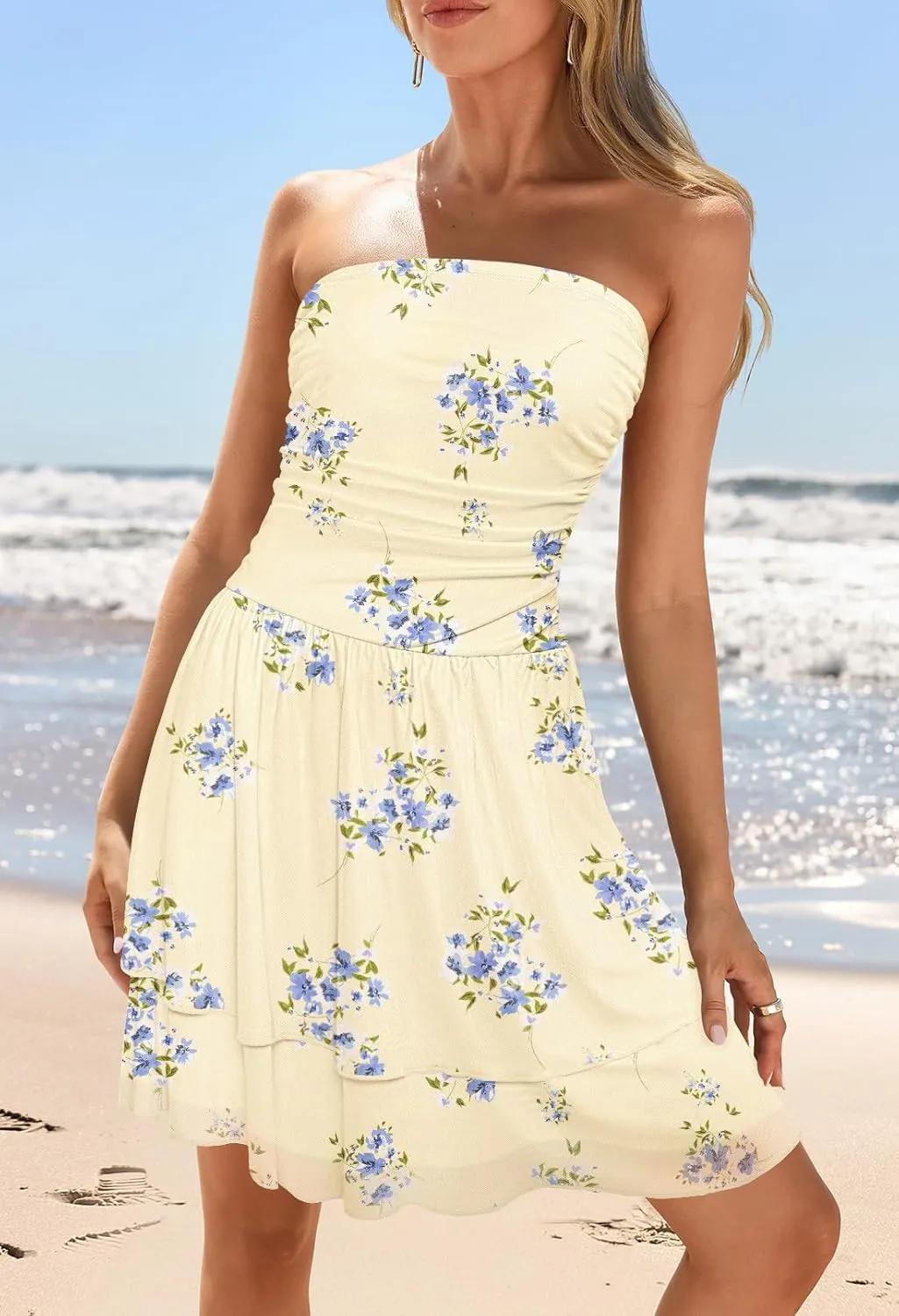 MEROKEETY Women's Summer Floral Strapless Tube Dress Boho Off Shoulder Ruffle Tiered Mini Sundress