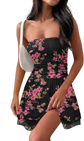 MEROKEETY Women's Summer Floral Strapless Tube Dress Boho Off Shoulder Ruffle Tiered Mini Sundress