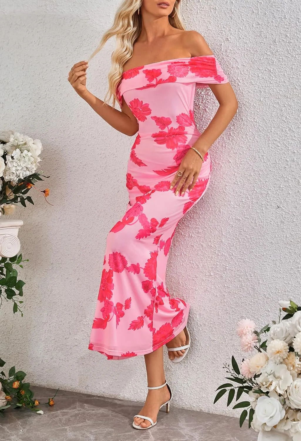 MEROKEETY Women's Summer Off Shoulder Floral Maxi Dress 2025 Formal Wedding Guest Cocktail Bodycon Dresses