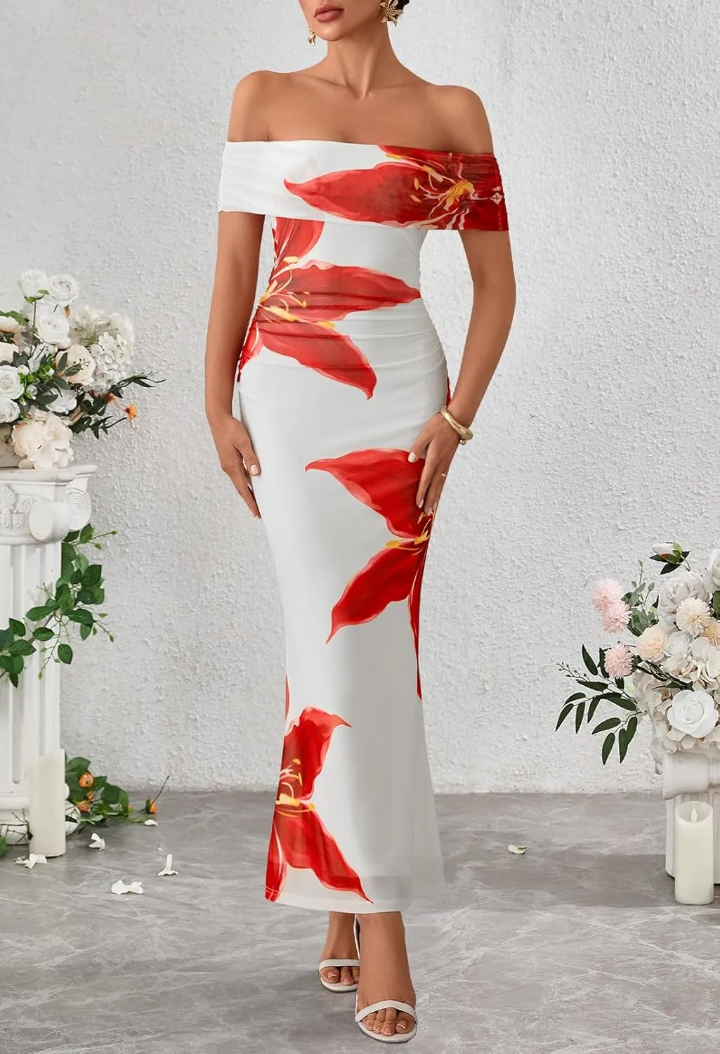 MEROKEETY Women's Summer Off Shoulder Floral Maxi Dress 2025 Formal Wedding Guest Cocktail Bodycon Dresses