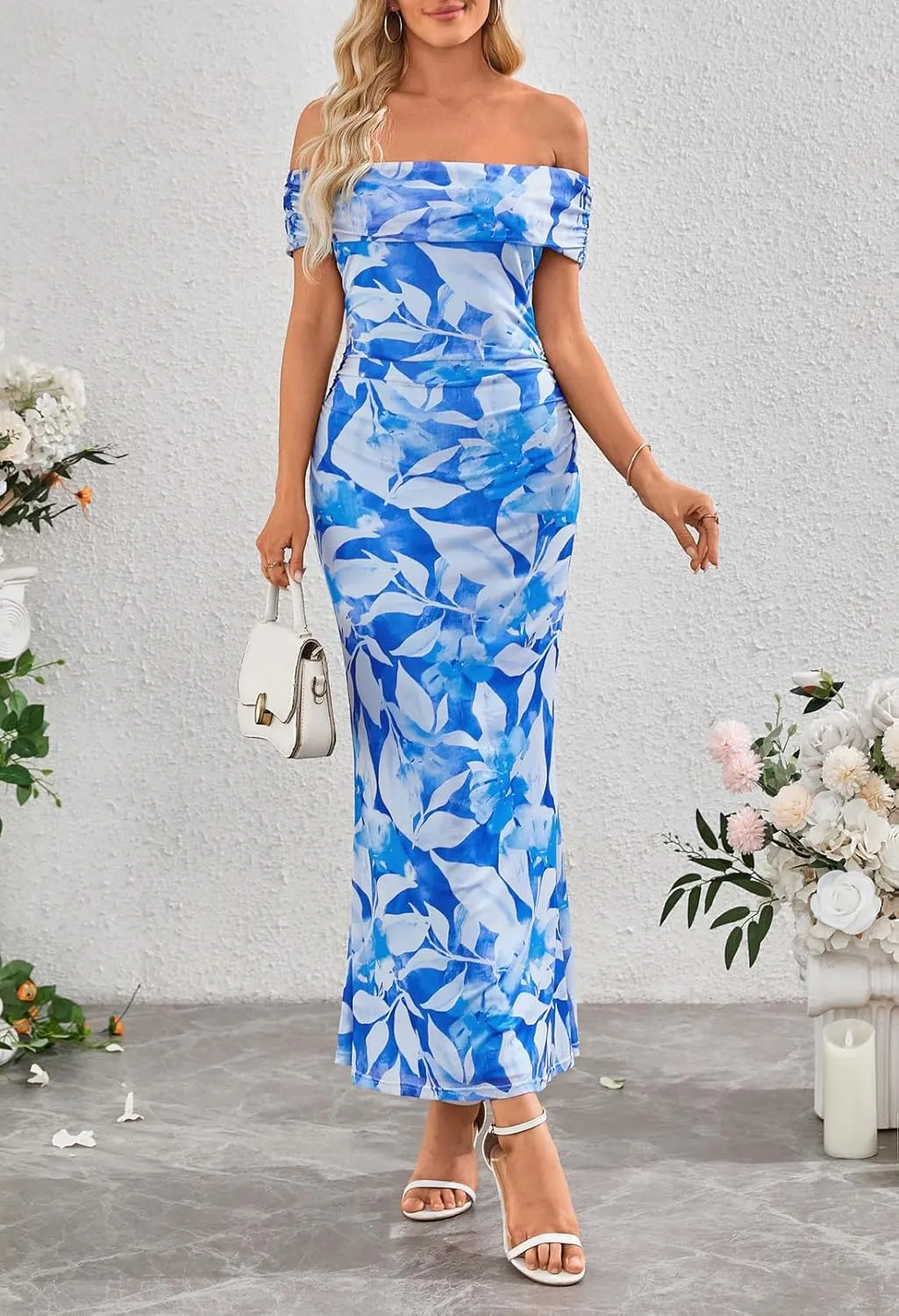 MEROKEETY Women's Summer Off Shoulder Floral Maxi Dress 2025 Formal Wedding Guest Cocktail Bodycon Dresses