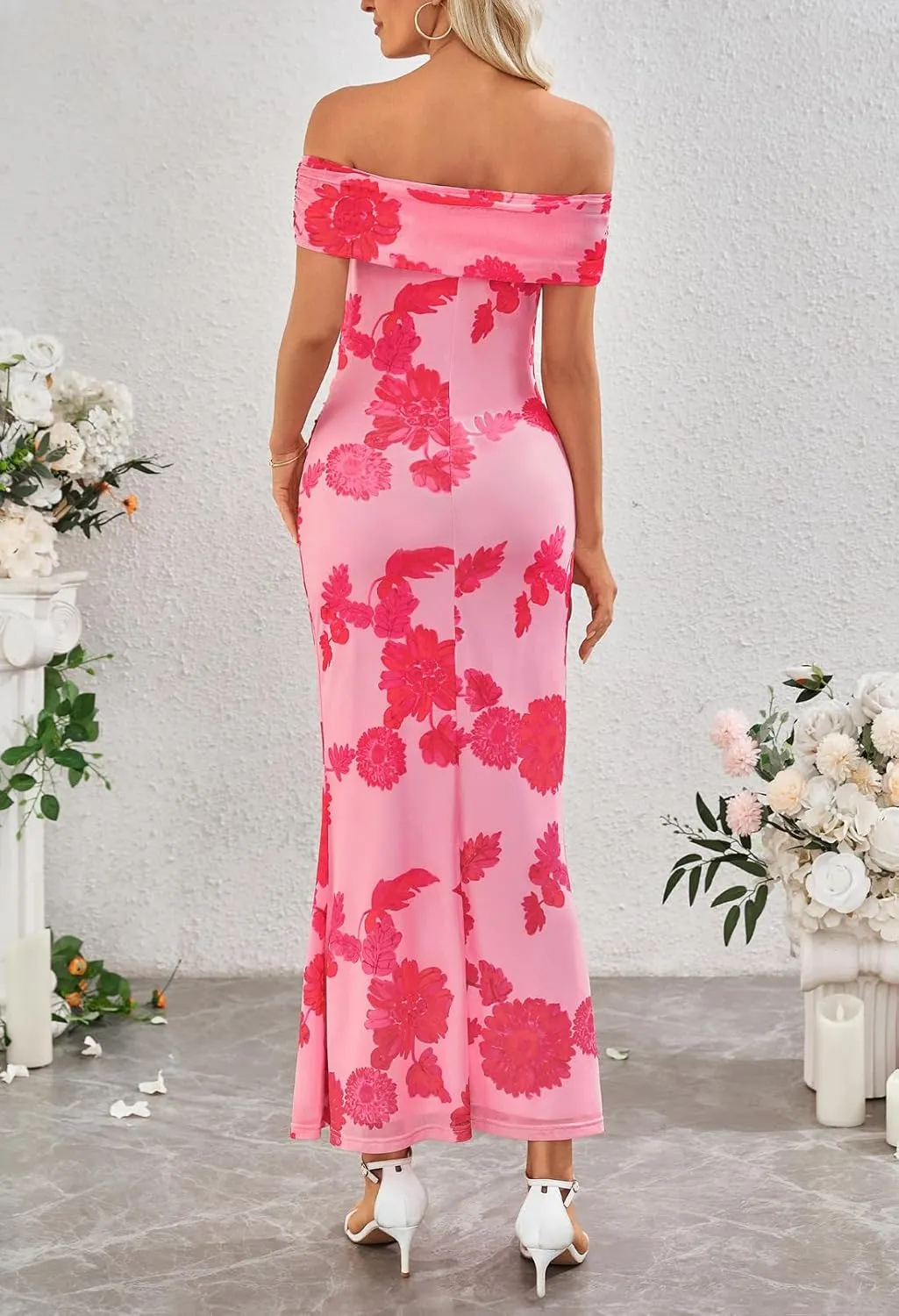 MEROKEETY Women's Summer Off Shoulder Floral Maxi Dress 2025 Formal Wedding Guest Cocktail Bodycon Dresses