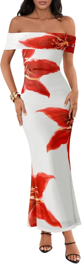MEROKEETY Women's Summer Off Shoulder Floral Maxi Dress 2025 Formal Wedding Guest Cocktail Bodycon Dresses