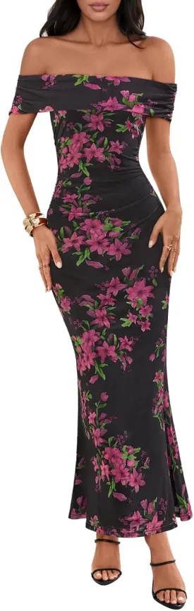 MEROKEETY Women's Summer Off Shoulder Floral Maxi Dress 2025 Formal Wedding Guest Cocktail Bodycon Dresses