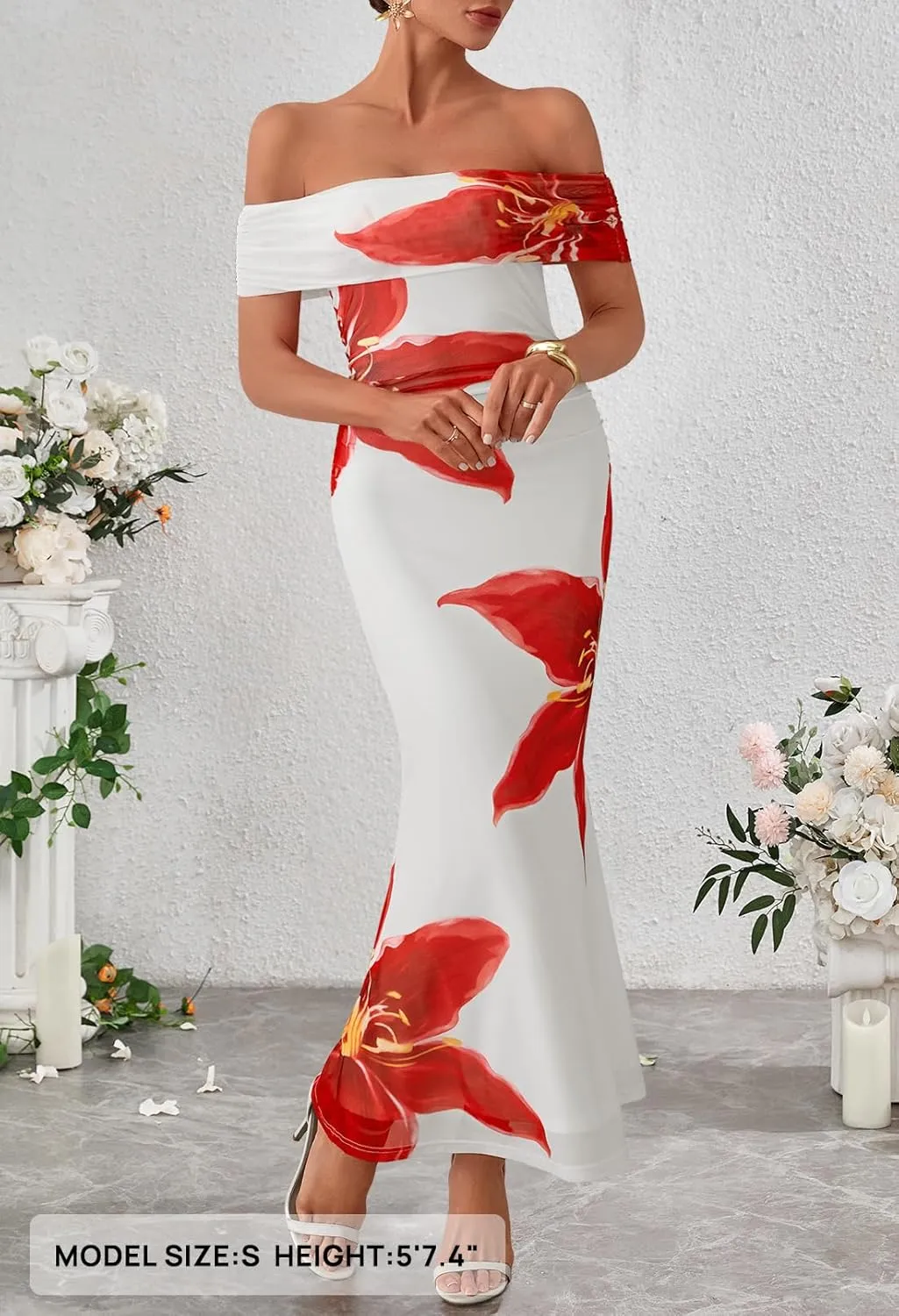 MEROKEETY Women's Summer Off Shoulder Floral Maxi Dress 2025 Formal Wedding Guest Cocktail Bodycon Dresses