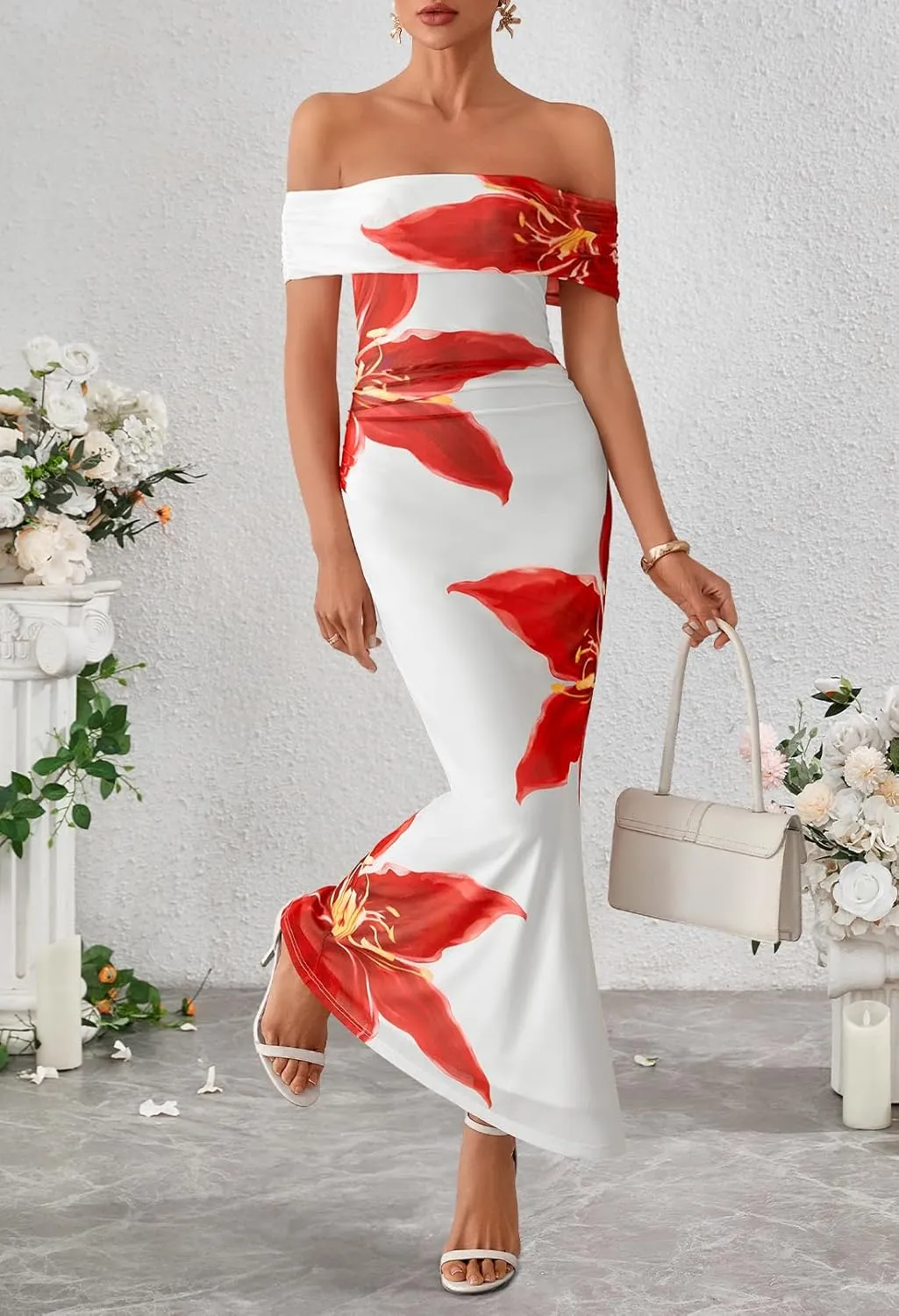 MEROKEETY Women's Summer Off Shoulder Floral Maxi Dress 2025 Formal Wedding Guest Cocktail Bodycon Dresses