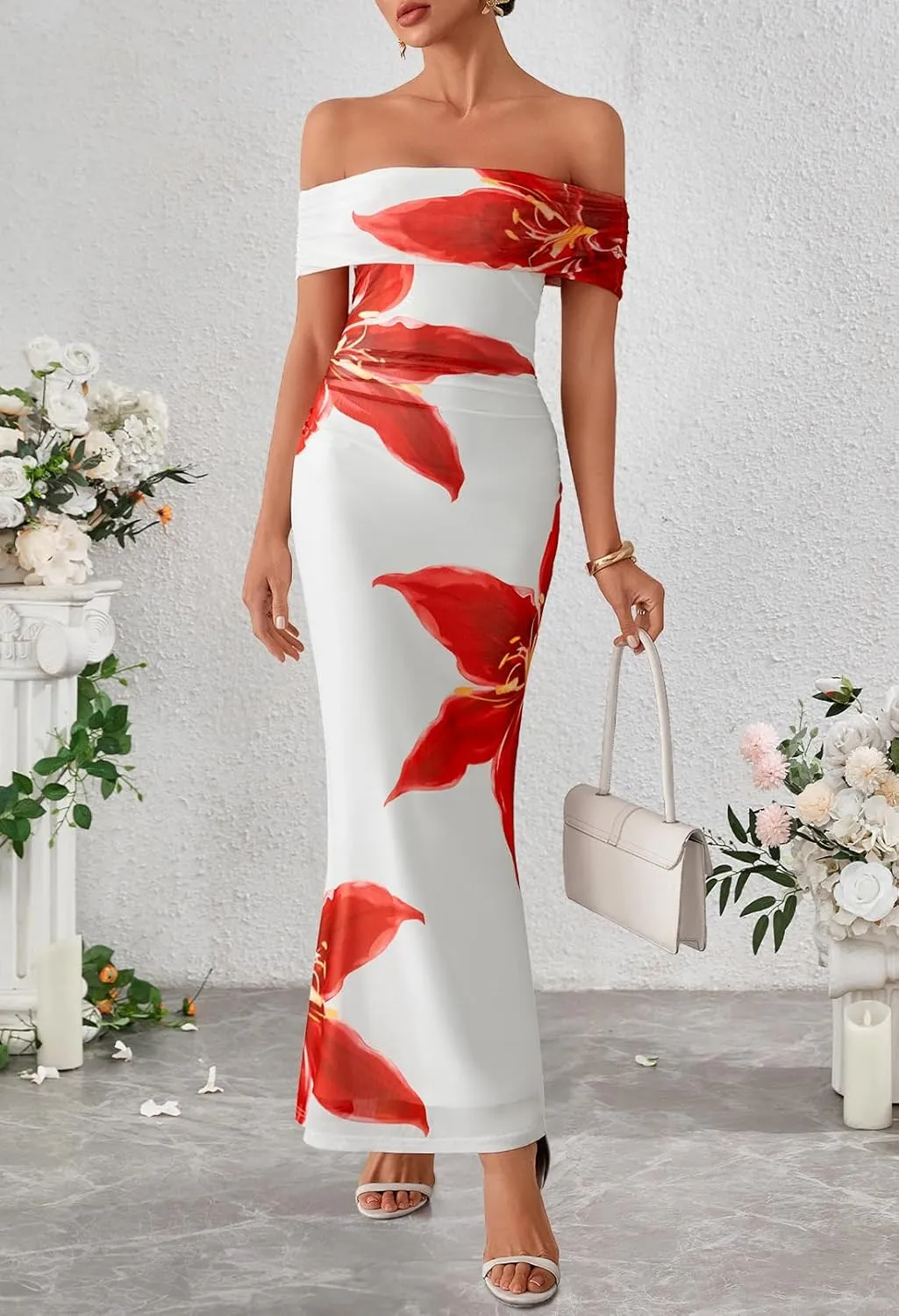MEROKEETY Women's Summer Off Shoulder Floral Maxi Dress 2025 Formal Wedding Guest Cocktail Bodycon Dresses