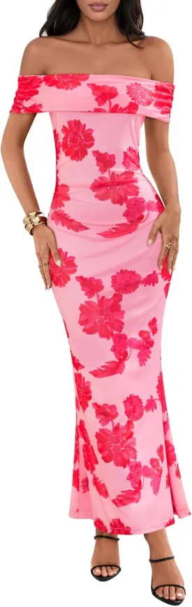 MEROKEETY Women's Summer Off Shoulder Floral Maxi Dress 2025 Formal Wedding Guest Cocktail Bodycon Dresses