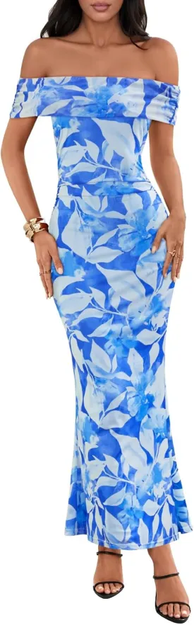 MEROKEETY Women's Summer Off Shoulder Floral Maxi Dress 2025 Formal Wedding Guest Cocktail Bodycon Dresses