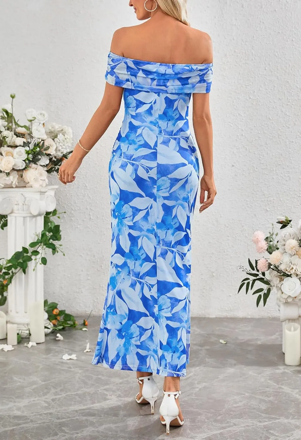 MEROKEETY Women's Summer Off Shoulder Floral Maxi Dress 2025 Formal Wedding Guest Cocktail Bodycon Dresses