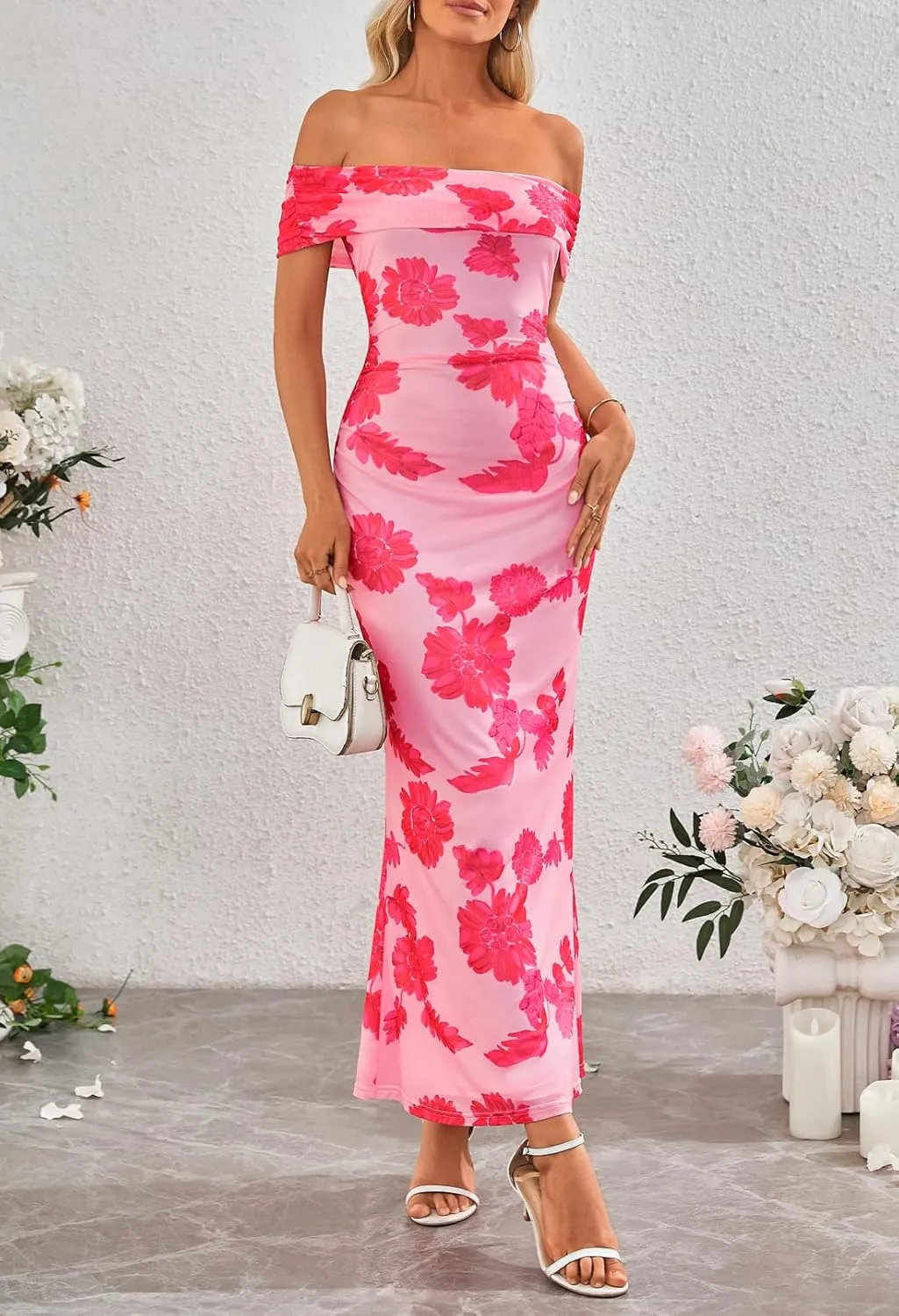MEROKEETY Women's Summer Off Shoulder Floral Maxi Dress 2025 Formal Wedding Guest Cocktail Bodycon Dresses