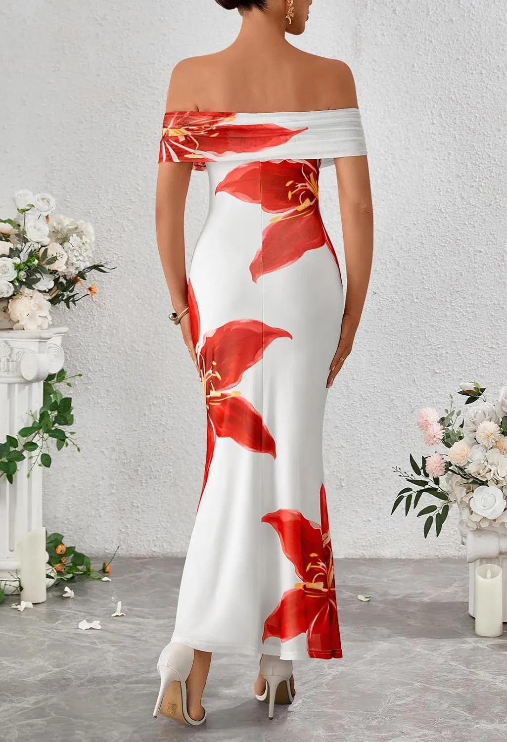 MEROKEETY Women's Summer Off Shoulder Floral Maxi Dress 2025 Formal Wedding Guest Cocktail Bodycon Dresses