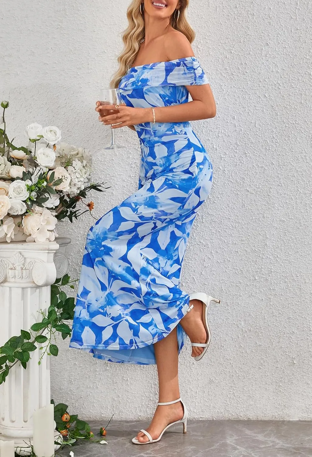 MEROKEETY Women's Summer Off Shoulder Floral Maxi Dress 2025 Formal Wedding Guest Cocktail Bodycon Dresses