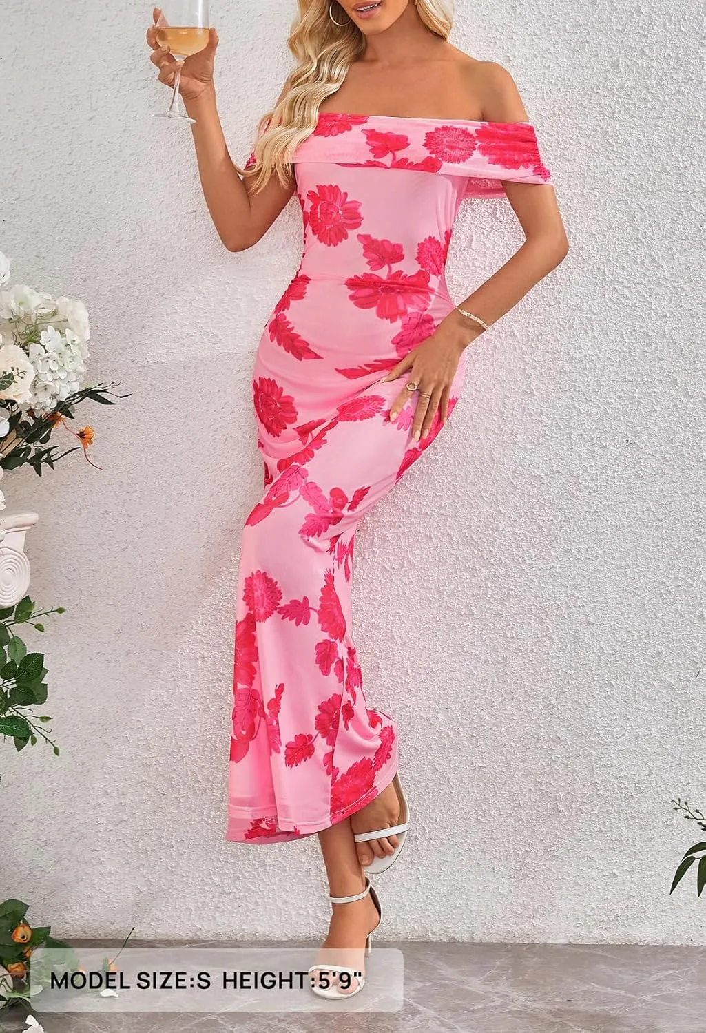 MEROKEETY Women's Summer Off Shoulder Floral Maxi Dress 2025 Formal Wedding Guest Cocktail Bodycon Dresses