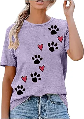 Mzkdieey Cute Dog Paw Print T-Shirts for Women Love Heart Short Sleeve Shirts Dog Lover Tee Dog Mom Tops Summer Casual Blouse