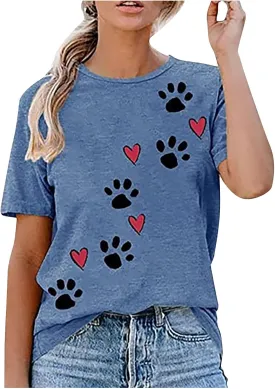 Mzkdieey Cute Dog Paw Print T-Shirts for Women Love Heart Short Sleeve Shirts Dog Lover Tee Dog Mom Tops Summer Casual Blouse
