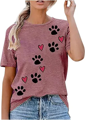 Mzkdieey Cute Dog Paw Print T-Shirts for Women Love Heart Short Sleeve Shirts Dog Lover Tee Dog Mom Tops Summer Casual Blouse
