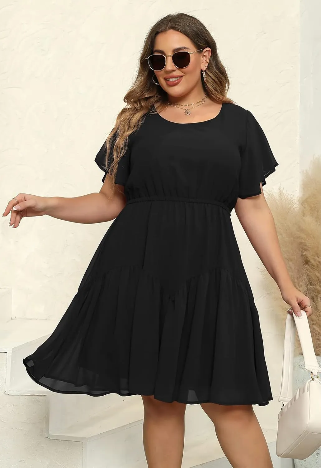Nemidor Plus Size Summer Dresses for Curvy Women Casual Boho Midi Chiffon Print Floral Dress with Ruffle Sleeve 14-26