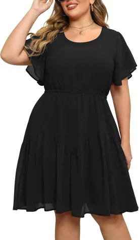 Nemidor Plus Size Summer Dresses for Curvy Women Casual Boho Midi Chiffon Print Floral Dress with Ruffle Sleeve 14-26