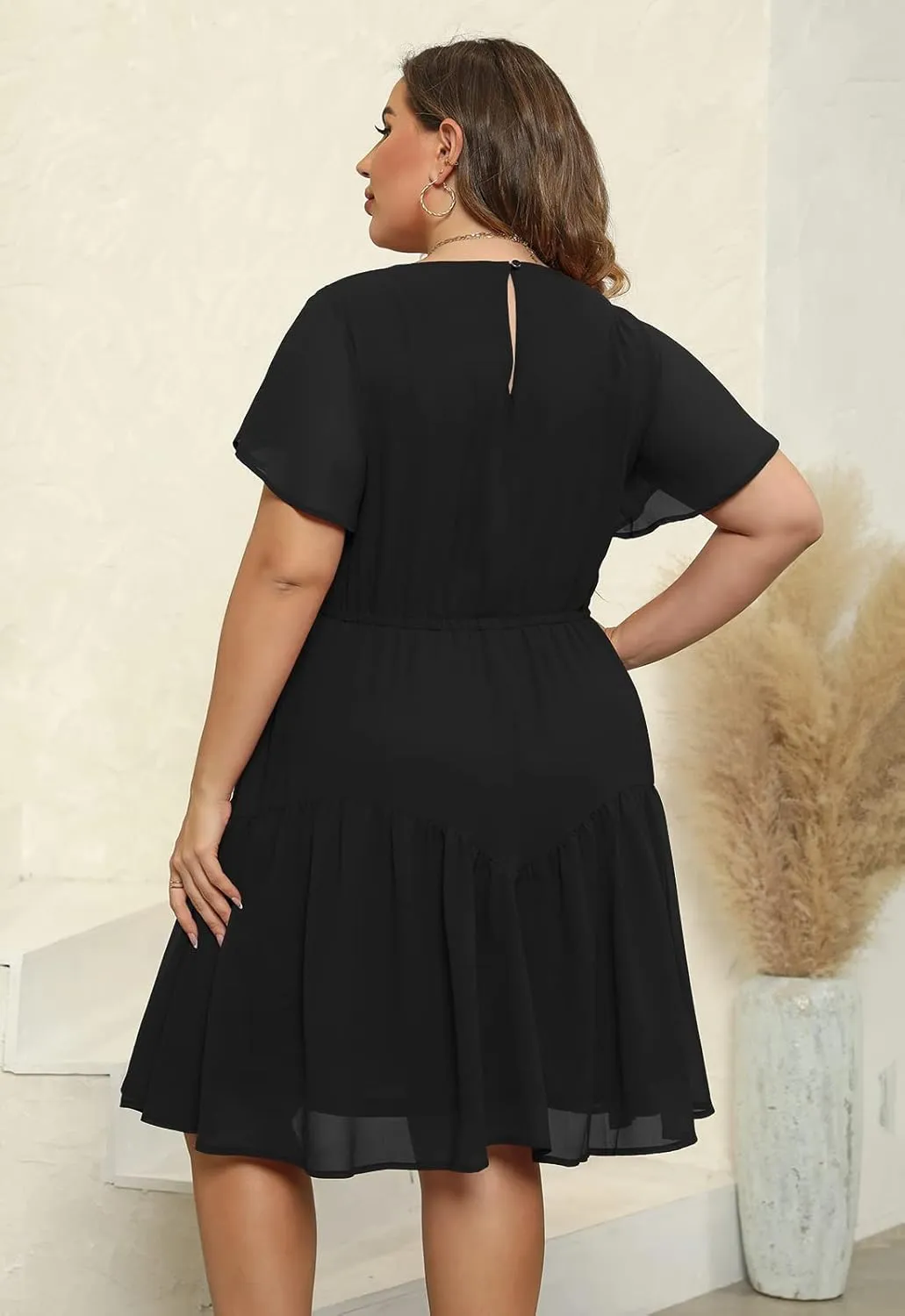 Nemidor Plus Size Summer Dresses for Curvy Women Casual Boho Midi Chiffon Print Floral Dress with Ruffle Sleeve 14-26