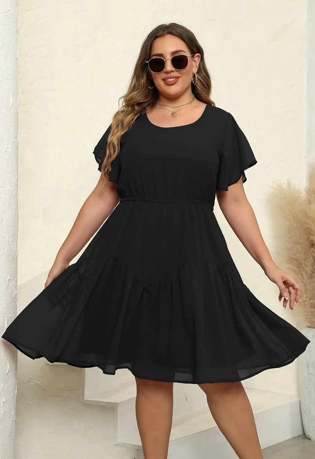 Nemidor Plus Size Summer Dresses for Curvy Women Casual Boho Midi Chiffon Print Floral Dress with Ruffle Sleeve 14-26