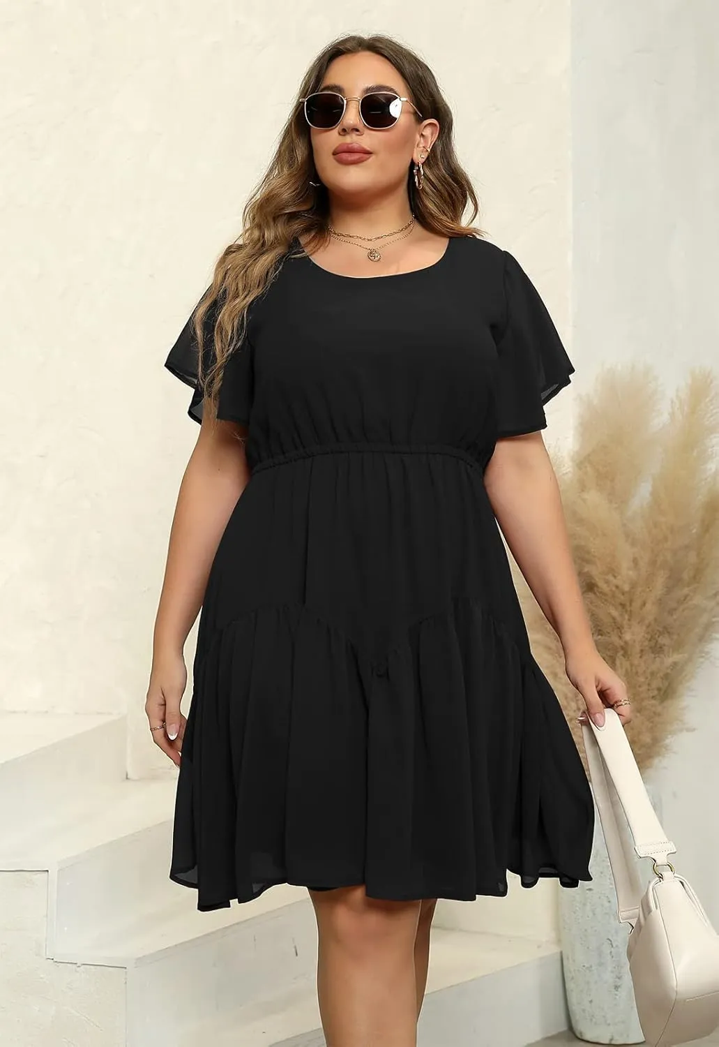 Nemidor Plus Size Summer Dresses for Curvy Women Casual Boho Midi Chiffon Print Floral Dress with Ruffle Sleeve 14-26