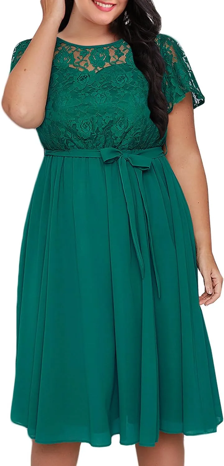 Nemidor Women's Scooped Neckline Floral lace Top Plus Size Cocktail Party Midi Dress